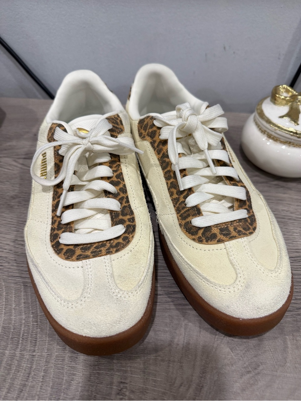 Puma Cream Suede Sneakers with Leopard Trim and Gum Sole - Picture 3 of 5